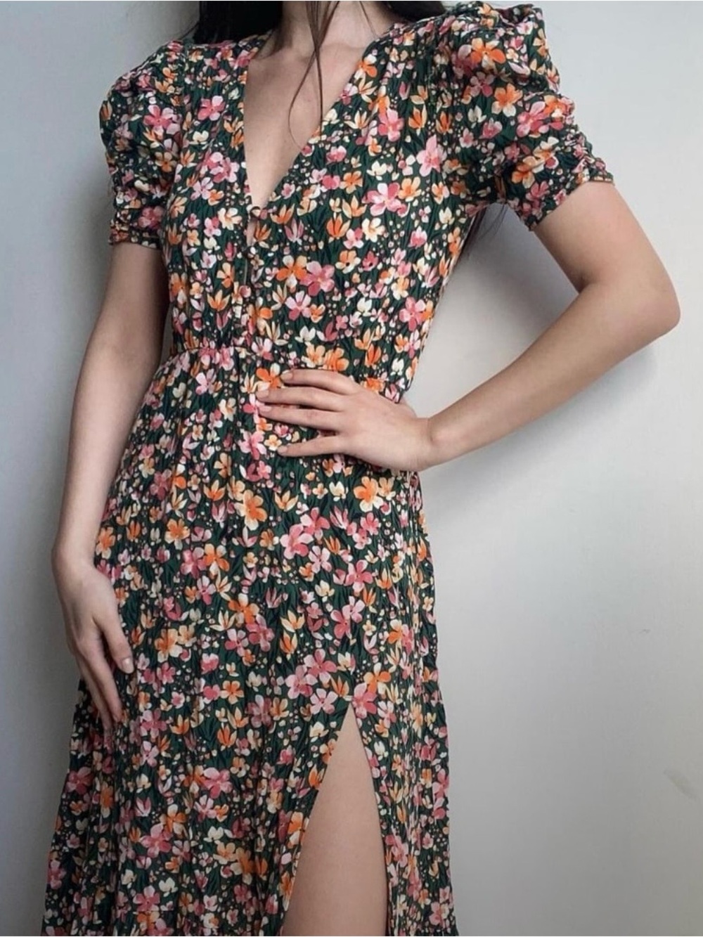 Zara Floral V-Neck Midi Dress with Side Slit